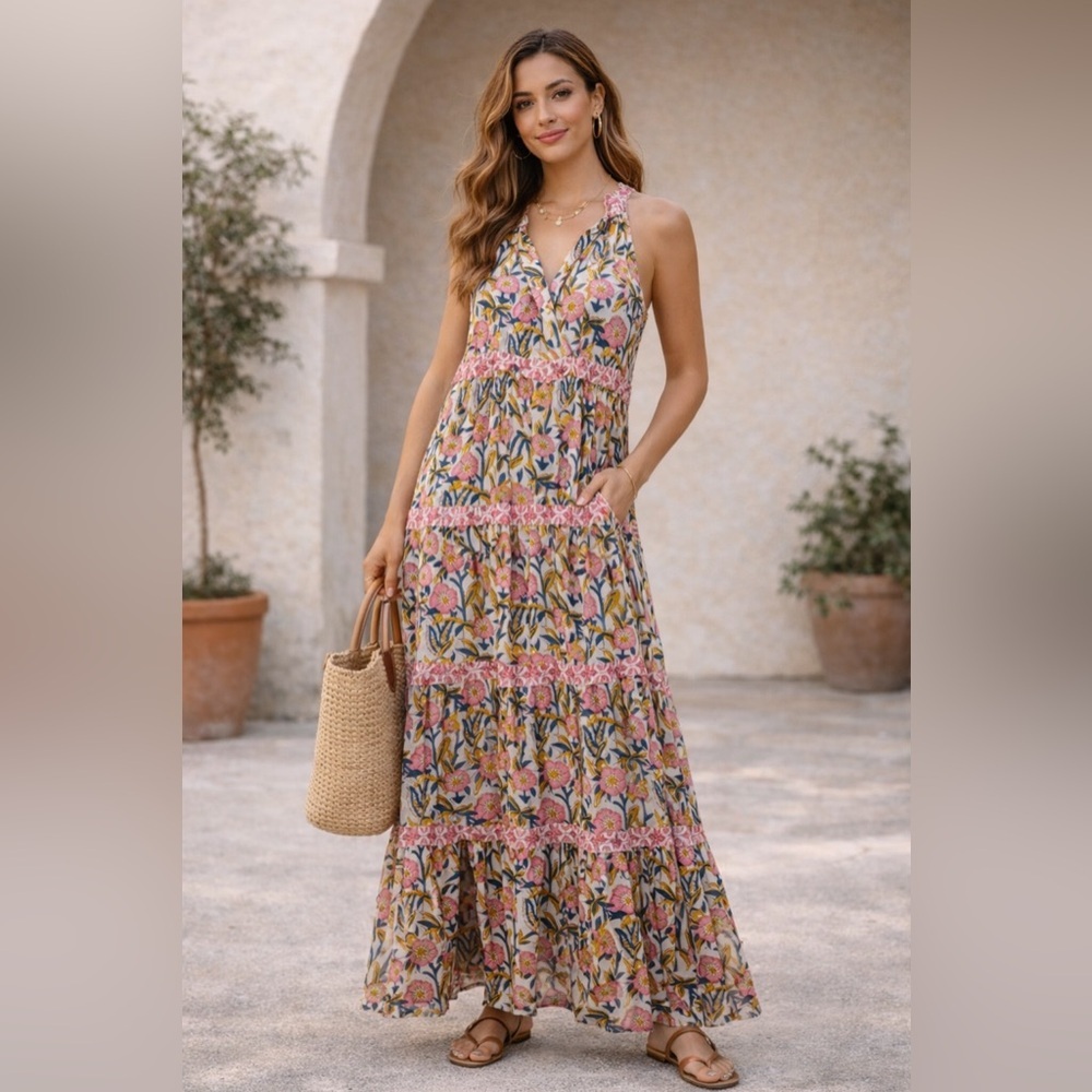 Caroline Constas Pink Floral Sleeveless Cotton Maxi Dress M